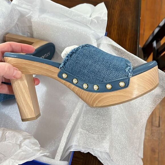 Stuart Weitzman Pearl Washed Denim Clog Sandals NIB Size 7.5B - Picture 9 of 12